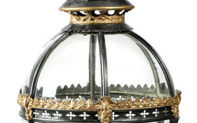 A FRENCH EBONISED AND GILT COPPER HALL LANTERN