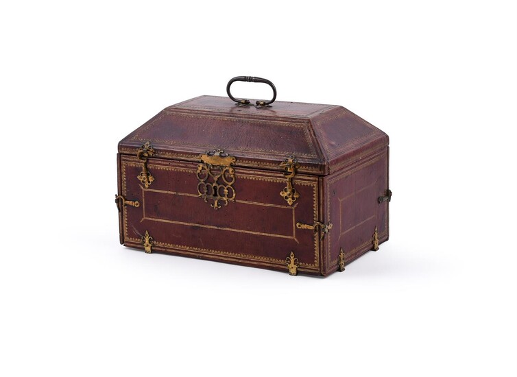 A FRENCH GILT TOOLED RED LEATHER AND GILT METAL MOUNTED CASKET, MID 18TH CENTURY AND LATER