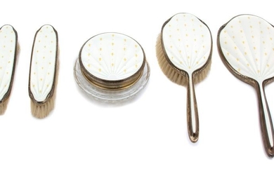 A Five-Piece English Silver and Enamel Vanity Set Hand