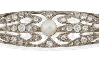 A French Belle Époque diamond and pearl brooch, the openwork oval panel inset with old brilliant-cut and rose-cut diamonds to a cultured pearl centre, French assay mark, in case, approx. width 7.1cm Please note that the pearl has not been tested...