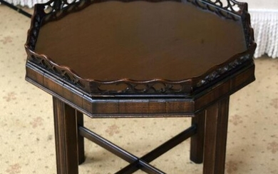 A GEORGE III STYLE CHIPPENDALE TYPE MAHOGANY TRAY ON