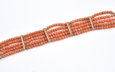 A GEORGIAN CORAL AND SEED PEARL BRACELET WITH GOLD FITTINGS
