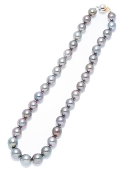 A GRADUATED TAHITIAN PEARL NECKLACE; composed of 35 cultured pearls, 10 - 12mm round of fine colour with high lustre on a 2 tone 14c...