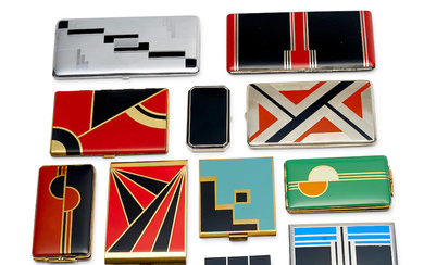 A GROUP OF 13 ENAMEL COMPACTS AND CASES