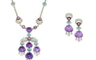 A Gem-Set and Diamond 'Mediterranean Eden' Pendant Necklace and Earring Suite,, by Bulgari