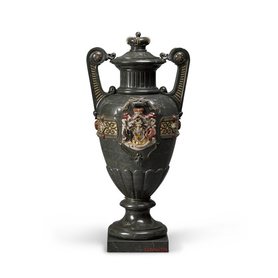 A German carved and painted Zöblitz serpentine armorial vase and cover Saxony, circa 1885