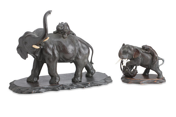 A JAPANESE BRONZE FIGURE OF AN ELEPHANT AND TIGER