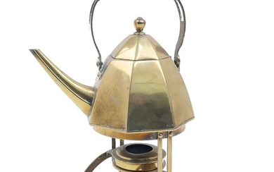 A Jugendstil brass kettle on heater stand by Gebrüder Bing, Nuremburg, early 20th century, the kettle of octagonal tapering form with pierced handle and supports on stand with detachable spirit burner, stamped GBN to underside of kettle, 28cm high