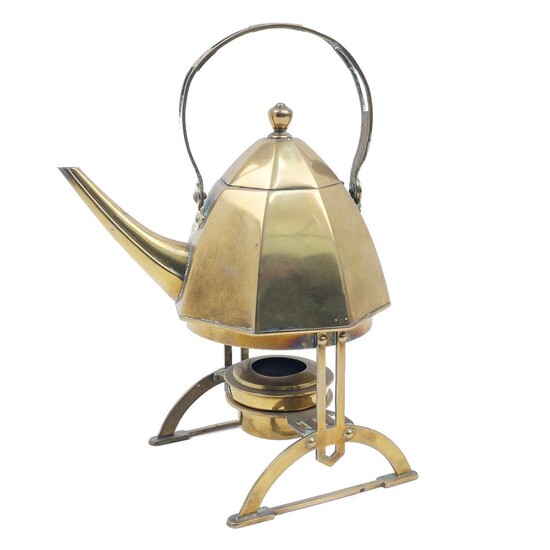 A Jugendstil brass kettle on heater stand by Gebrüder Bing, Nuremburg, early 20th century, the kettle of octagonal tapering form with pierced handle and supports on stand with detachable spirit burner, stamped GBN to underside of kettle, 28cm high