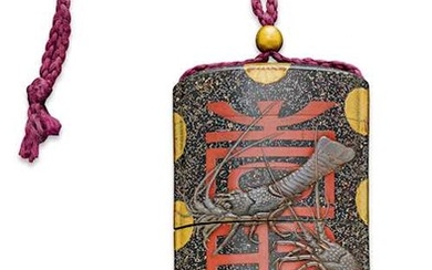A LACQUER INRO DECORATED WITH THREE CRAYFISH IN TAKAMAKIE.