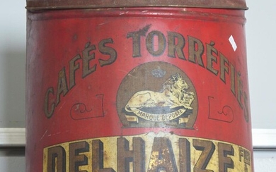 A LARGE 19TH CENTURY FRENCH CAFE TORREFIES DELHAIZE ADVERTISING TIN