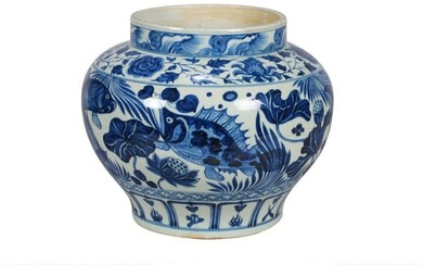 A LARGE BLUE-AND-WHITE FISH JAR