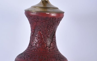 A LATE 19TH/20TH CENTURY CHINESE CARVED IMITATION CINNABAR LACQUER POTTERY LAMP Late Qing. 47 cm hig