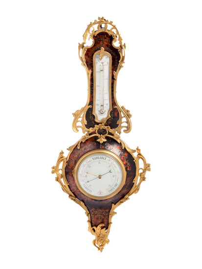 A Louis XV Style Gilt Bronze Mounted Boulle Marquetry Barometer and Thermometer