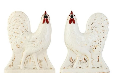 A MATCHED PAIR OF FIFE POTTERY COCKEREL MANTLE FIGURES