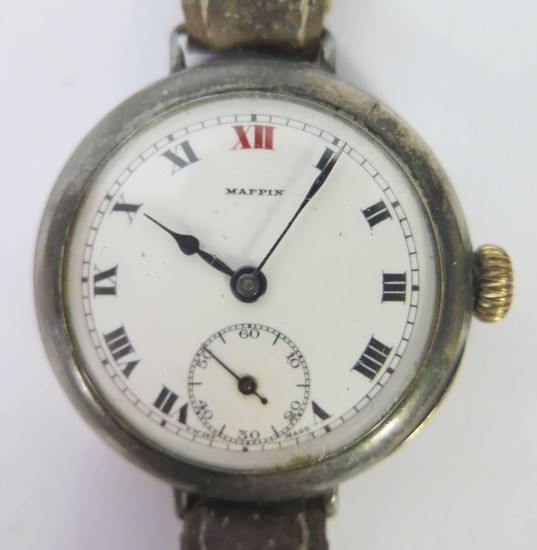 A Mappin Silver Cased Trench Watch, the 35mm case with ename...
