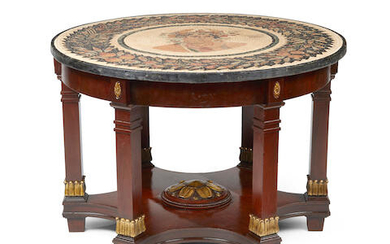 A Neoclassical style mosaic top mahogany center table