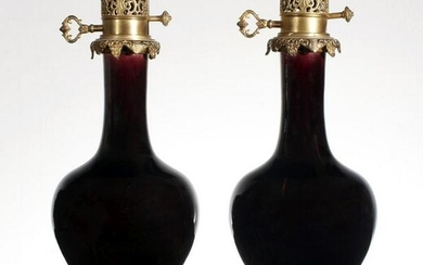 A PAIR FRENCH 19TH C. ORMOLU AND PORCELAIN FLUID LAMPS