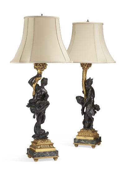 A PAIR OF AMERICAN GILT AND PATINATED BRONZE TABLE LAMPS