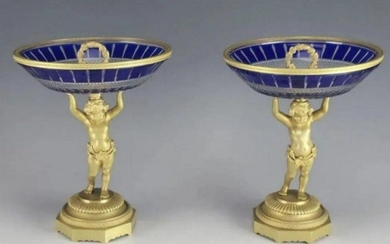 A PAIR OF AUSTRIAN DORE BRONZE AND CUT CRYSTAL COMPOTES