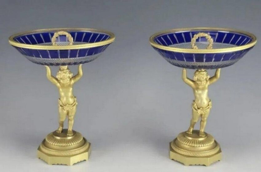 A PAIR OF AUSTRIAN DORE BRONZE AND CUT CRYSTAL COMPOTES