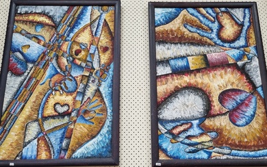 A PAIR OF CONTEMPORARY ABSTRACT OIL ON CANVAS PAINTINGS