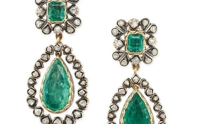 A PAIR OF EMERALD AND DIAMOND DROP EARRINGS in 18ct yellow gold and silver, each set with an