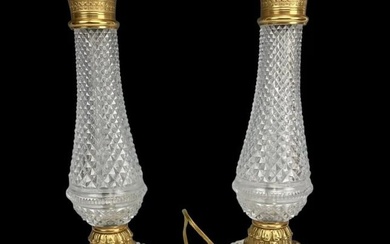 A PAIR OF EMPIRE STYLE ORMOLU AND BACCARAT STYLE CRYSTAL LAMPS