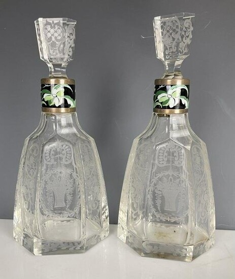 A PAIR OF ETCHED MOSER GLASS & ENAMEL PERFUME BOTTLES