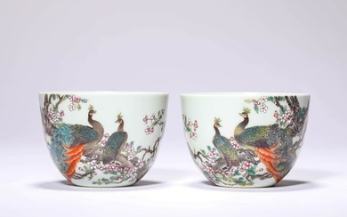 A PAIR OF FAMILLE ROSE FLOWER AND BIRD CUPS