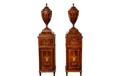 A PAIR OF MARQUETRY INLAID MAHOGANY NEOCLASSICAL KNIFE URNS AND CABINETS