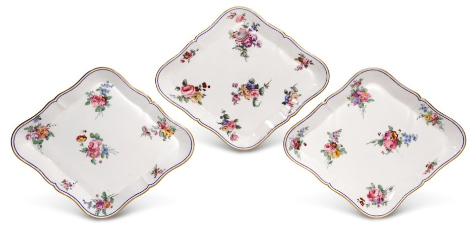 A PAIR OF SEVRES LOZENGE-SHAPED TRAYS AND ANOTHER SIMILAR