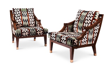 A PAIR OF SIMULATED ROSEWOOD AND UPHOLSTERED BERGERE ARMCHAIRS, CIRCA 1975