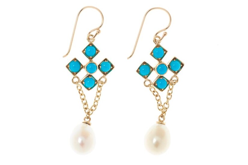 A PAIR OF VICTORIAN STYLE TURQUOISE AND PEARL EARRINGS; 9ct frames set with turquoise beads to cultured freshwater pearl drops, leng...