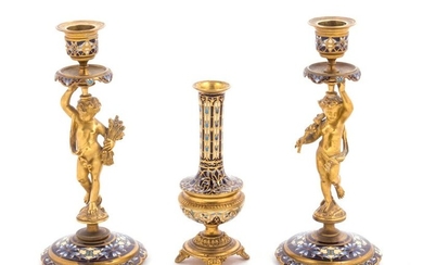 A Pair of Champleve Decorated Gilt Bronze Figural