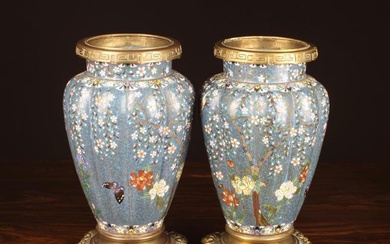 A Pair of Fine 19th Century Chinese Brass Mounted Cloisonné Vases. The lobed ovoid bodies intricatel