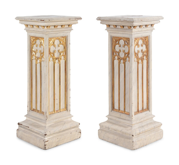 A Pair of French Gothic Revival Painted and Parcel Gilt Pedestals