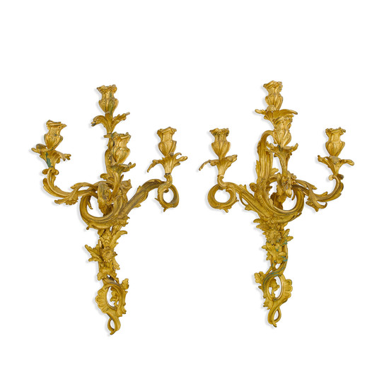 A Pair of Louis XV Style Gilt Bronze Three Light Sconces