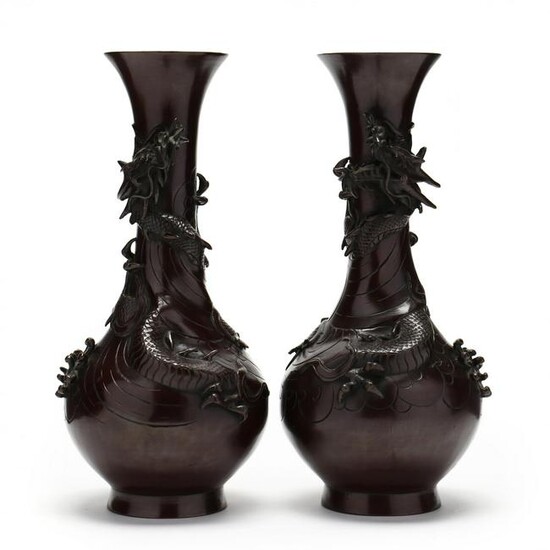 A Pair of Meiji Period Bronze Dragon Vases