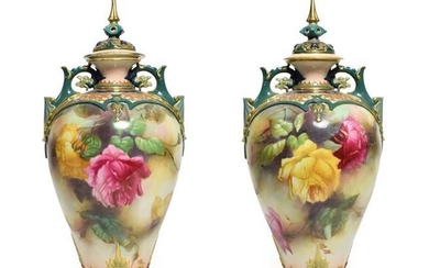 A Pair of Royal Worcester Hadleigh Ware Vases and Covers,...