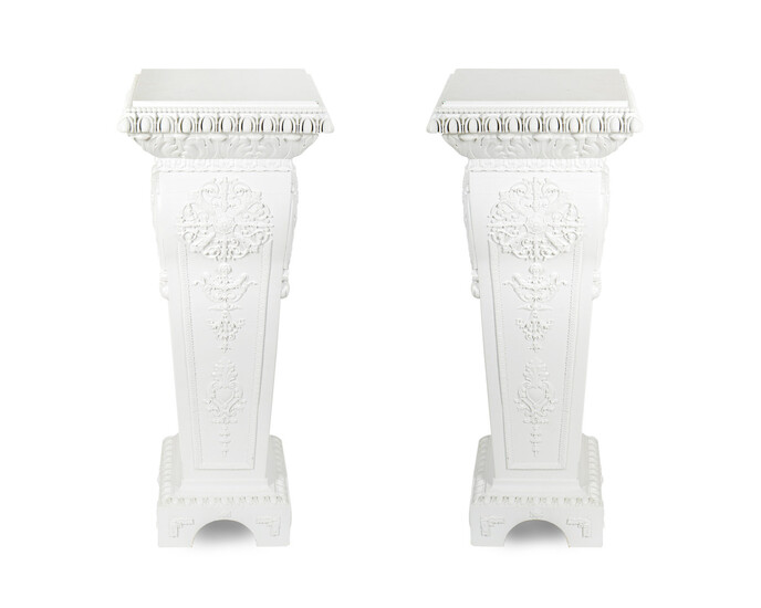 A Pair of White Painted Carved Wood Pedestals