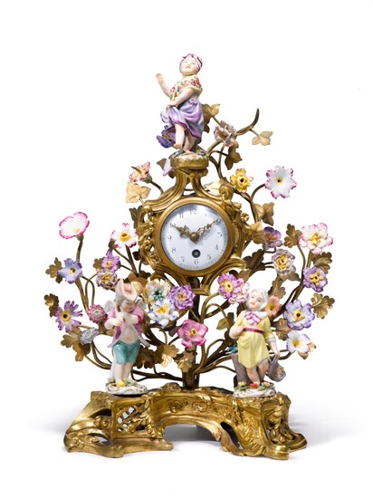 A Porcelain-Mounted Gilt Bronze Mantel Clock, Late 19th Century