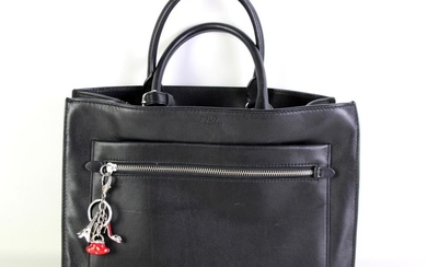 A RALPH LAUREN POLO BLACK LEATHER HANDBAG; with rolled handles and silver tone hardware with later Paris keychain, 33 x 24 x 15cm.