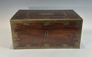 A RARE ANTIQUE CHINESE TEAK WOOD BRASS CLAD SCHOLAR TRAVELLING WRITING DESK CASE