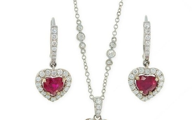 A RUBY AND DIAMOND PENDANT, CHAIN AND EARRINGS SUITE in