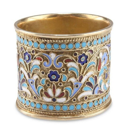 A RUSSIAN SILVER AND CHAMPLEVÃ‰ ENAMEL NAPKIN RING