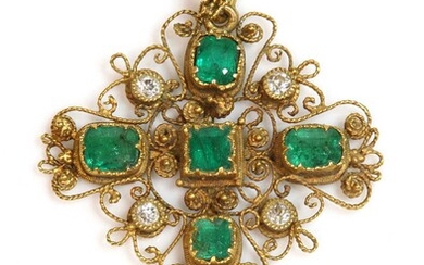 A Regency emerald and diamond cannetille gold cross