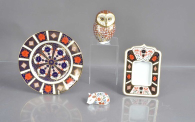 A Royal Crown Derby porcelain owl and other pieces