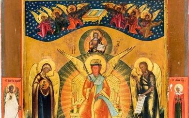 A Russian icon of St Sophia, the Wisdom of the Word of God, late 19th century, with St Sophia seated on a magnificent throne with outstretched wings, flanked by the Mother of God and St John the Baptist, above the circular glory an image of the...