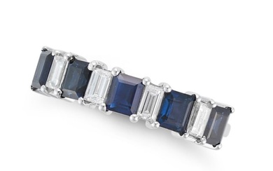 A SAPPHIRE AND DIAMOND HALF ETERNITY RING half set with a row of alternating rectangular step cut